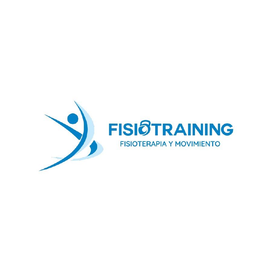 Logo de FisioTraining, empresa de gimnasio y fisioterapia, colores azul y blanco con figura humana estilizada